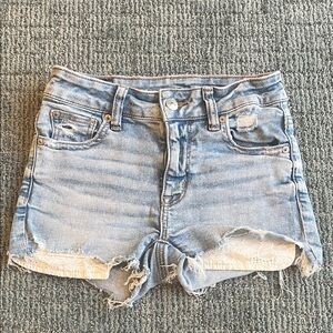American Eagle Hi-Rise Shortie Light Wash Distressed Denim Shorts Lace Detail